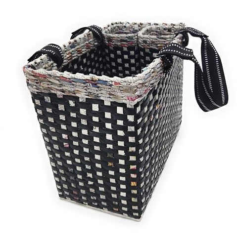 Image of Paperus, Black Check, Large, Lunch Bag with 2 Water Bottle Holders, Picnic Basket, Travel Bag, Eco-Friendly, Handmade, of Paper Ropes, Length 14 inch, Height 11 inch & 7 Inch Broad Base