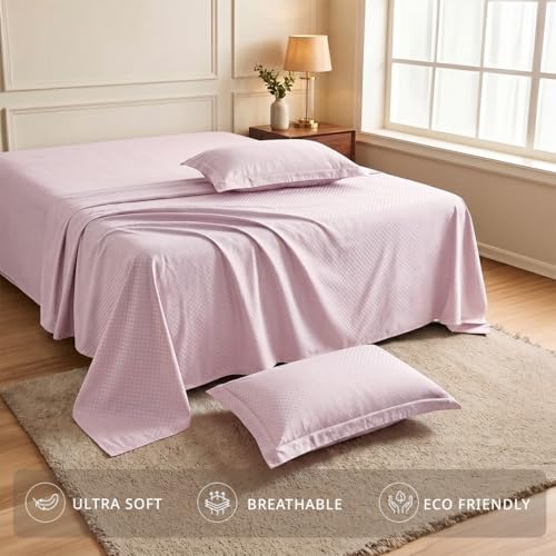 Image of LANE LINEN 400TC 100% Cotton Micro Check King Size Bedsheet - Lilac | OEKO-Tex Certified, 108 x 108 Inch, Fits King & Double Size Bed, Breathable & Wrinkle-Free, Includes 2 Pillow Covers