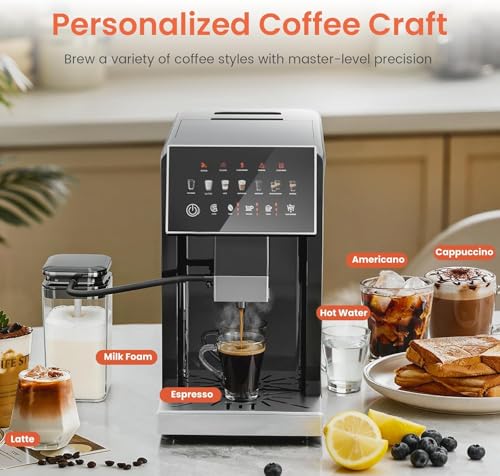 Image of Kismile Automatic Espresso Machine with Grinder & Milk Frother, Latte & Cappuccino Maker, Single /Double Cup, Thickness Adjustment, 1.5L Removable Water Tank