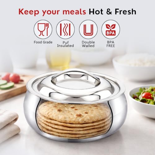 Image of AVIAS Onyx Press Type Stainless Steel 2000ml Casserole | Double Walled PUF Insulated Roti & Chapati Hot Box for Kitchen | Hot case for Rice & Gravy |2L