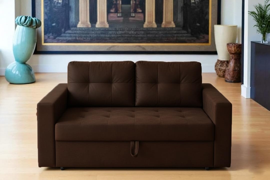 FURNY Tressa 2 Seater Fabric Pull-Out Sofa Cum Bed (Dark Brown) - Premium Velvet Finish - Durable Comfort - Ideal for Living Room