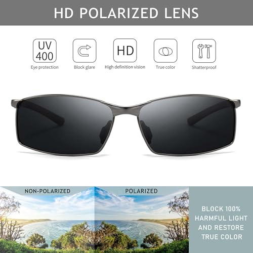Image of SUNGAIT Ultra-Lightweight Polarized Sunglasses Men for Driving Fishing Golf, Rectangular Metal Frame with Spring Hinge