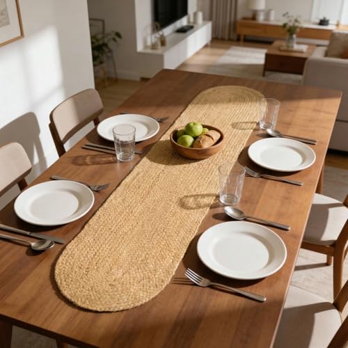 Image of Encasa XO Dining Table Runner | Handmade Woven Natural Jute Runner | Size 30x137 cm | Jute Natural Bleach Color | Heat Resistant Rustic Home Decor for Coffee, Teapoy Cover & Center Table