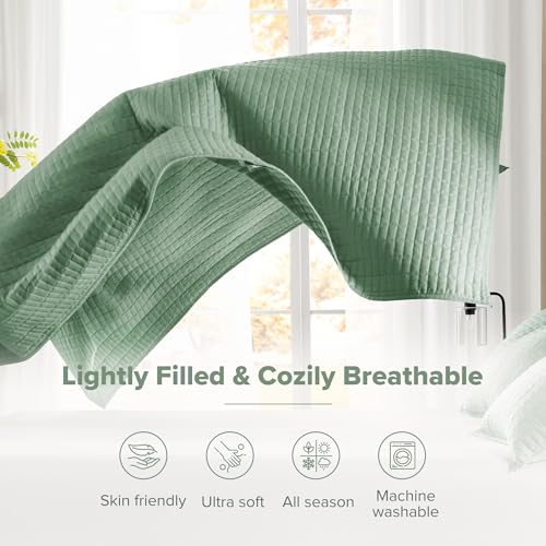Comfort Spaces Sage Green Oversized King Quilt Set 120"x118" Bedspread Quilted Summer Lightweight Microfiber Bedding Coverlet with Double Sided Stitching Soft All Season 3 Piece with Matching Shams