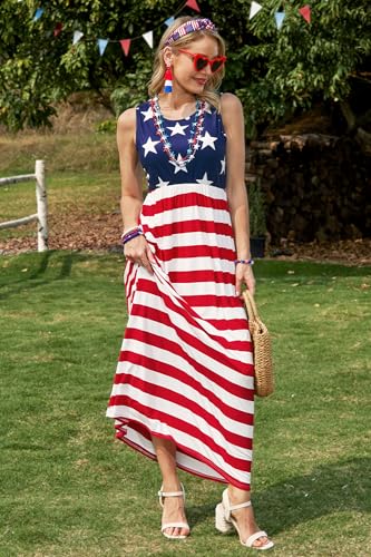 For G and PL Womens 4th of July American Flag Sleeveless Maxi Dress Patriotic Long Tank Sundress with Pockets3