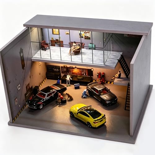 NUEIOVRW 1/64 ジオラマ ガレージ 3色調光LED照明付 ミニカー ケース ミニカー 収納ガレージ ホットウィール用 トミカ用 駐車場 適用トミカ コレクションケース(American Workshop)