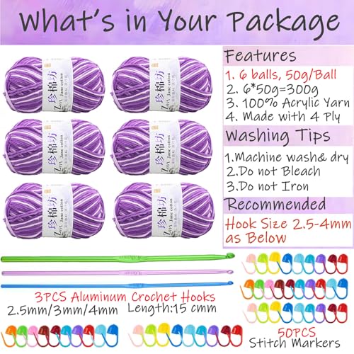 Crochet Yarn Balls(6 X 50g, 4-Ply), Knitting Wool Yarn for Crochet, Double Knitting Wool with Aluminum Crochet Hooks Stitch Markers, Ombre Acrylic Yarn for DIY Craft and Crochet Project (05 Purple)
