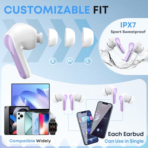Image of Wireless Earbuds, Bluetooth 5.3 Headphones HiFi Stereo 50H Playback LED Digital Display Ear Buds with ENC Noise Canceling Headset, IPX7 Waterproof Earphones for Gym /Running /Work(Light Purple)