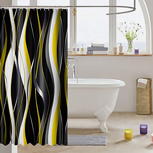 Loussiesd Yellow Grey Black Fabric Shower Curtains Geometric Spiral Pattern Shower Curtain for Boys Girls Abstract Art Bathroom Waterproof Accessories with 12 Hooks Modern Luxury Curtains,72x78 Inch - Image 3