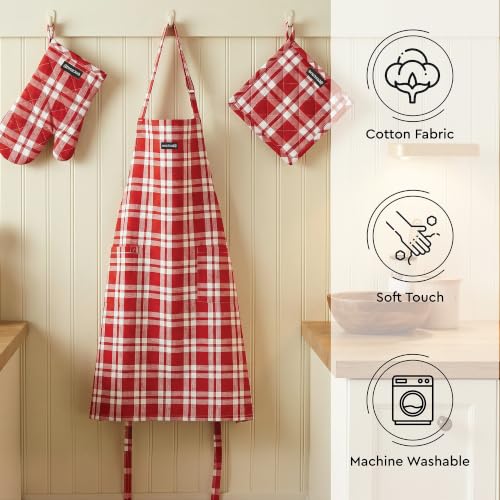 Image of Encasa XO 100% Cotton Apron Set for Women & Men with Adjustable Apron, Oven Gloves & Pot Holder (Pack of 3) Combo, Heat-Resistant, Soft & Durable for Cooking, Baking & Grilling (Franca Red Checks)