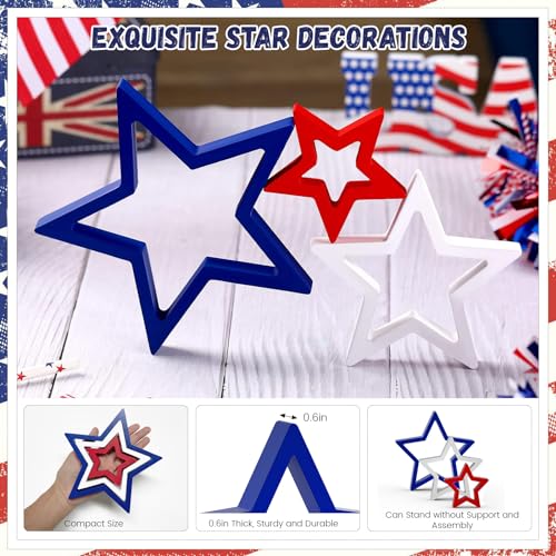 Image of 6 PCS Patriotic Wooden Star Sign Table Decor 4th of July Centerpiece Star Tiered Tray Decoration for Independence Day Memorial Day (Red,Blue and White)