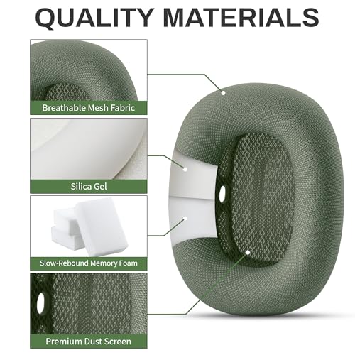 Image of Replacement Ear Cushions for Apple AirPods Max 1&2 Upgraded Memory Foam Pad with Durable Fabric,Sound Insulation and Noise Reduction,Strong Magnetic Fit,Sweat-Resistant,Breathable Comfor(Green)