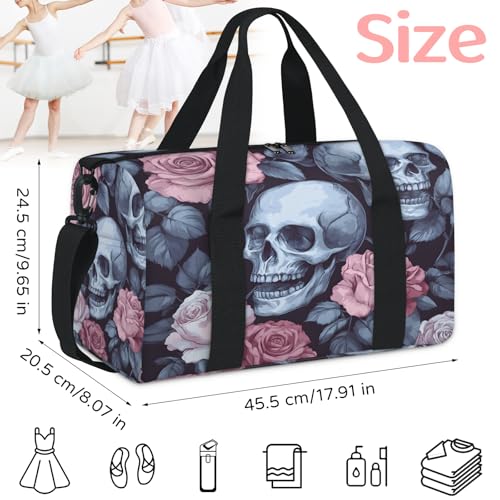 Skull Gothic Travel Duffle Bag Sports Yoga Weekender Overnight Workout Bags Floral Flower Rose Lightweight Waterproof Gym Tote Bag for Women2