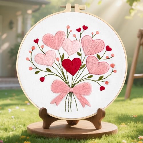 Image of Heart Flower Embroidery Kits for Beginners Adults, Pink Embroidery Starter Kits, Counted Cross Stitch Kits for Adults Anniversary Valentine's Day Gift, Embroidery Hoops, Fabric Thread & Video Tutorial