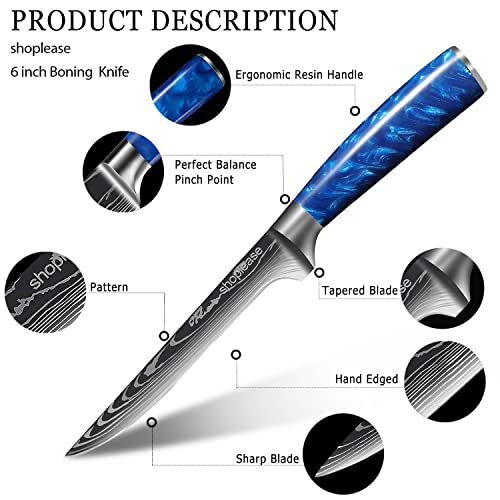 Professional 6-Inch Boning Knife, Blue Resin Handle, Damascus Pattern Blade, Sharp Hand-Edged Steel with Perfect Balance Pinch Point, for Meat Deboning, 15.3cm Blade Length - Image 4