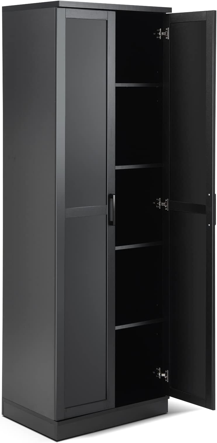 COSTWAY Wooden Storage Cabinet, Freestanding Tall Cupboard Sideboard with 2 Doors & Adjustable Shelves, High Utility Cabinets for Living Room Bedroom Kitchen Hallway, 59 x 42 x 177cm (Black)