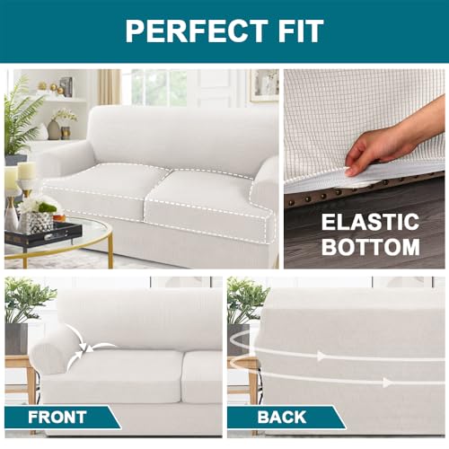 Turquoize 3 Piece T Cushion Sofa Slipcovers Stretch Couch Cover Furniture Covers with 2 Individual T Cushion Covers, Machine Washable (2 Cushion Sofa, Ivory) - Image 5