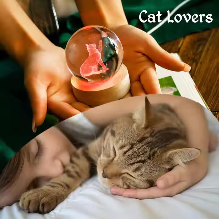 Image of 16 Color 3D Crystal Ball Lamp - Cat Night Light, Cat Ligth Ball, Laser Engraving Crystal Ball Light Lamp with USB Powered 3.15 Inch LED Wooden Base