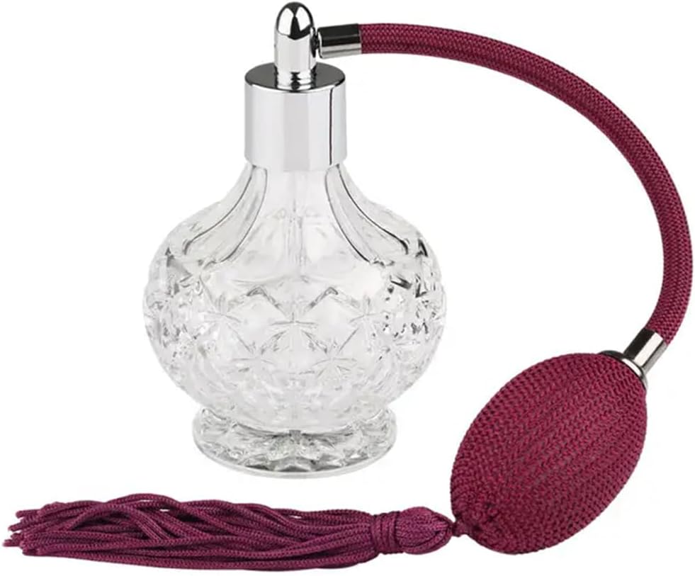 100ml Clear Crystal Vintage Style Perfume Bottle Long/Short Spray Tassels Atomizer Pump Refillable Glass Bottles Lady Makeup Tool (Purple Red)