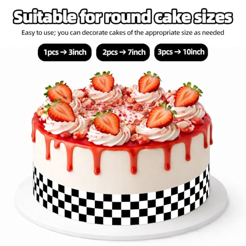 3pcs Edible Checkered Cake Border, 28x6.2cm/11x2.44in Black & White Flag Print Racing Pre-Cut Race Car Image Wrap Rice Paper Sheet for Birthday Decor Side Strip Topper Party Decoration by Fukaisu - Image 4