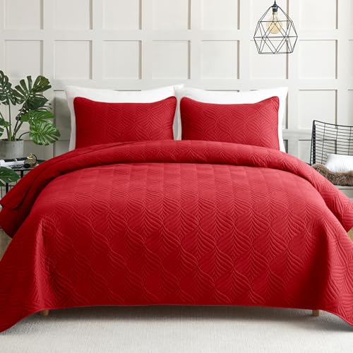 Whale Flotilla Colcha Moderna de 260 x 280 cm, Colcha con 2 Fundas de Almohada, Edredón de Microfibra con Estampado en Relieve, Ropa de Cama Ligera y Suave para 4 Estaciones, Rojo