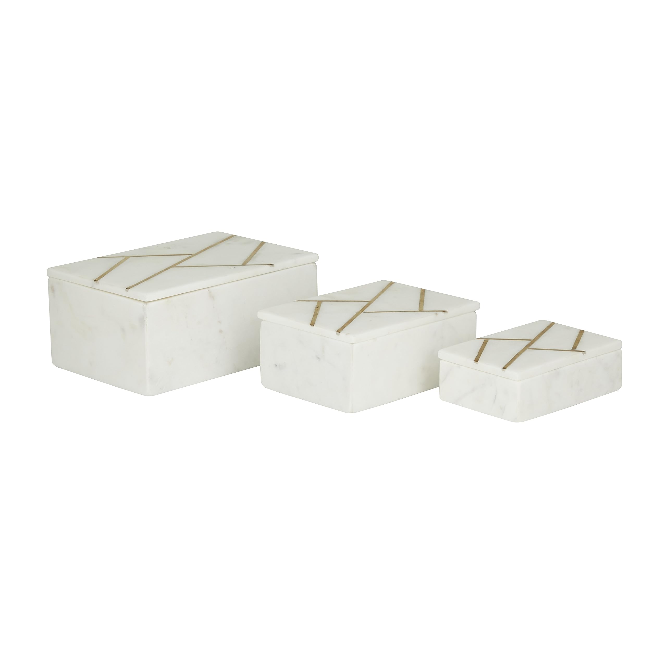 Deco 79 Marble Box with Gold Linear Lines, Set of 3 9", 7", 6"W, White