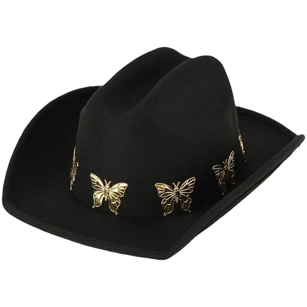 Sslvya Western Cowboy Hat for Men Women Metal Butterfly Embellished Cowgirl Hats Adjustable Fedora Cowboy Hat for Outdoor