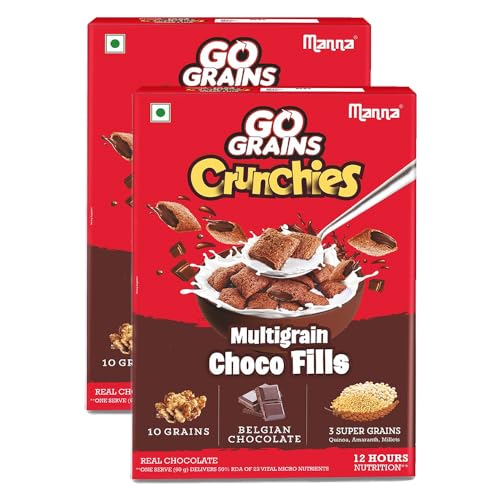 Image of Manna Choco Fills 900g Multigrain. 0% Maida, 10 Grains. Protein and Fibre Rich Breakfast Cereal or Anytime Snack. Go Grains Crunchies, 12 Hour Nutrition in Bowl. 450g (Pack of 2)