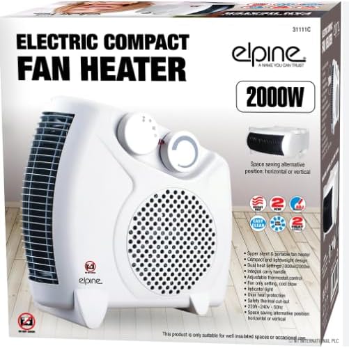 Alpine Electric Compact Fan Heater, 2000W, Adjustable Horizontal or Vertical Position