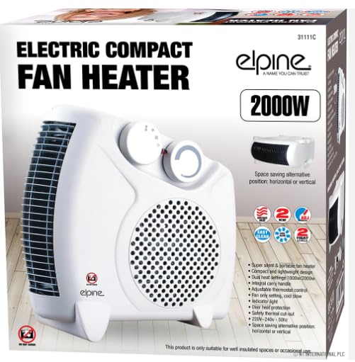 Alpine Electric Compact Fan Heater, 2000W, Adjustable Horizontal or Vertical Position