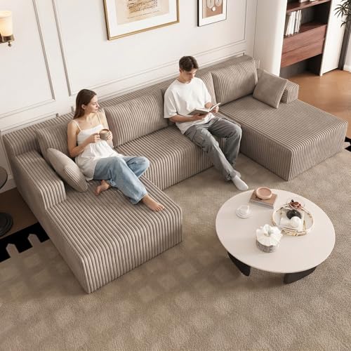 Image of 124 inch U-Shape Cloud Couch, Modern Modular Sectional U-Shape Sofa, Corduroy Boneless Couch Upholstered Couches Deep Seat Sleeper Chaise Longue for Living Room, No Assembly Required,Camel