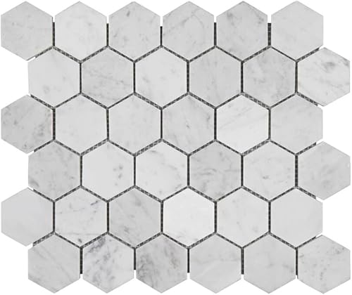 Adolif Carrara - Mosaico de mármol blanco, mármol 100 % natural, pulido, mosaico de mármol blanco Carrara para cocina, baño, pared o ducha, 5 hojas,