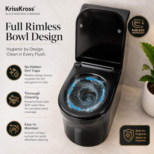 Image of KrissKross Premium Black Western Floor Mounted One Piece Water Closet Ceramic Western Toilet /Commode With Soft Close Seat Cover For Lavatory, Toilets S-Trap Outlet From Floor, Wash down flush (Black)