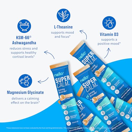 Image of Nello Supercalm Powdered Drink Mix, Cortisol Reducer* and Sleep Aid Supplement, L Theanine, Ksm-66 Ashwagandha, Magnesium Glycinate, Vitamin D 3, No Sugar, Non GMO, On The Go, 20 Ct, Orange Creamsicle