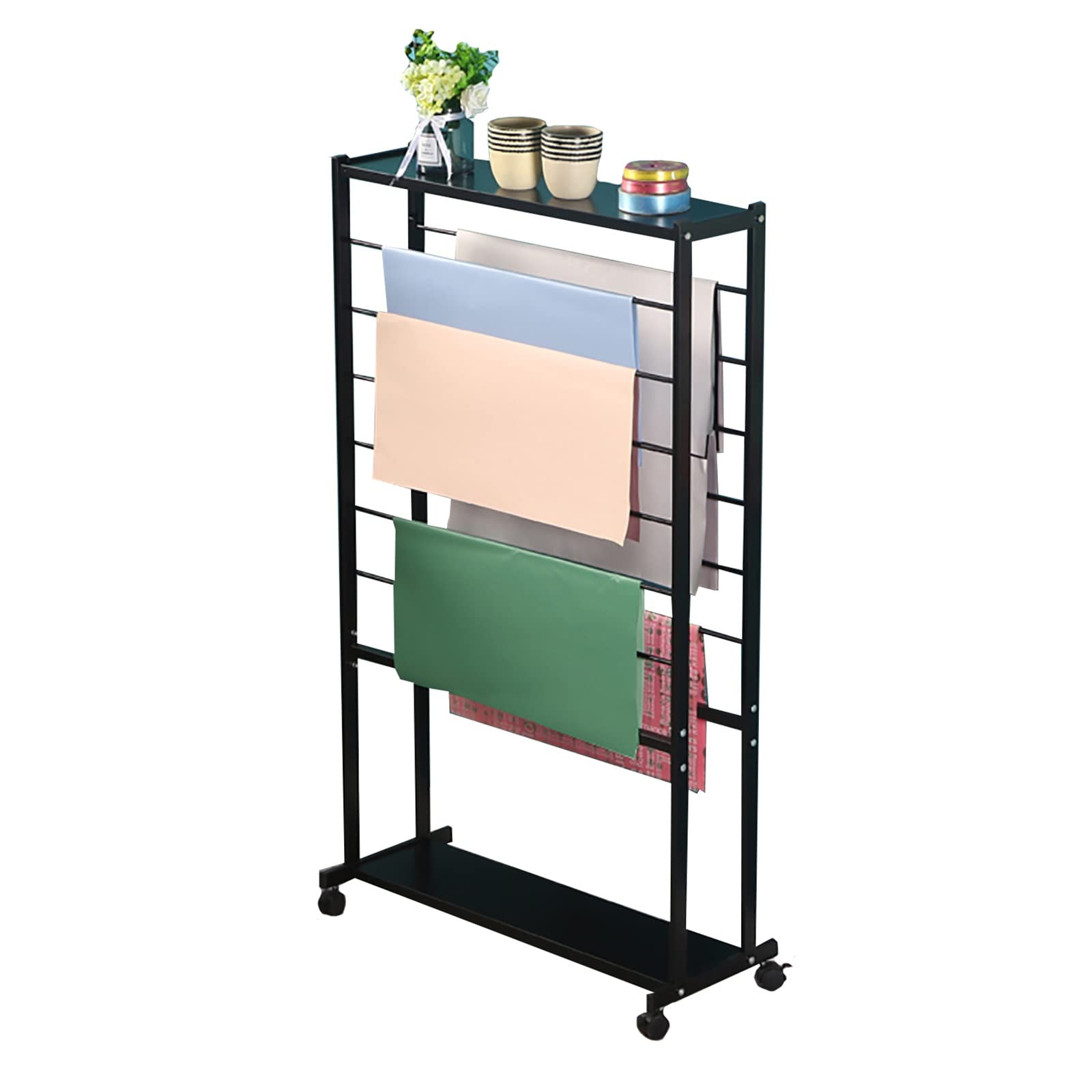 Stojak na wstążki do pokoju rzemieślniczego, stojak na papier do pakowania/wstążki, metalowy pionowy organizer do przechowywania szalików z kółkami, 7-poziomowy dwustronny stojak e
