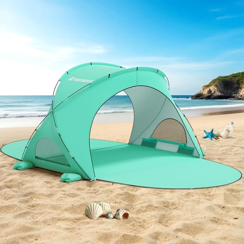 Image of Raynesys Beach Tent Sun Shelter for Sand Camping Fishing, 1-3 Person, Green | Beach Shade Tent with UPF50+ UV Protection, Portable Sun Shelter, Shade Tents with 2 Zippered Doors
