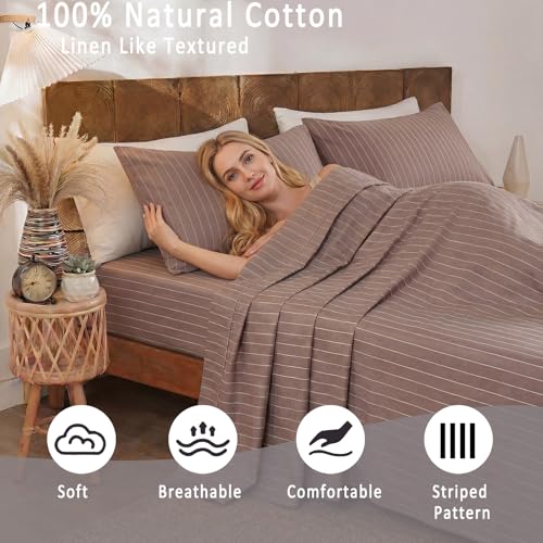 Image of Merryword Brown Pinstripe Sheet Set Queen Size - 100% Cotton Striped Bedding 4 Pieces, Soft Breathable Percale Weave, 17.5 inch Deep Pocket, Luxury Linen Like, All Season Comfort