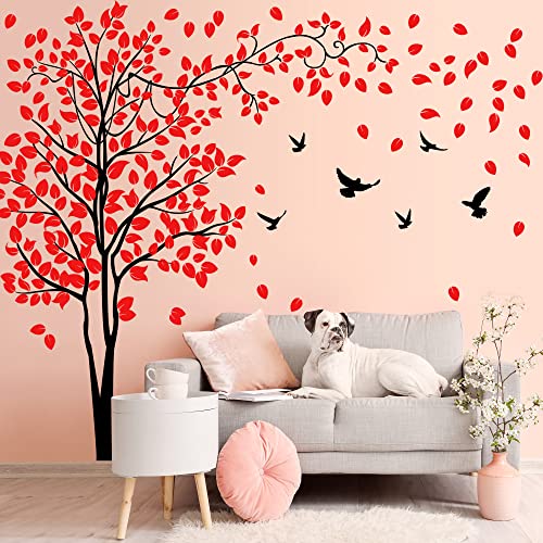 Rw-1643 Giant Black Tree Wall Decals 3D Red Leaves Tree Branches Wall Sticker Diy Removable Family Photo Tree Bird Leaf Wall Art Decor For Kids Girls Baby Bedroom Living Room Nursery Office Decoration #TOP2