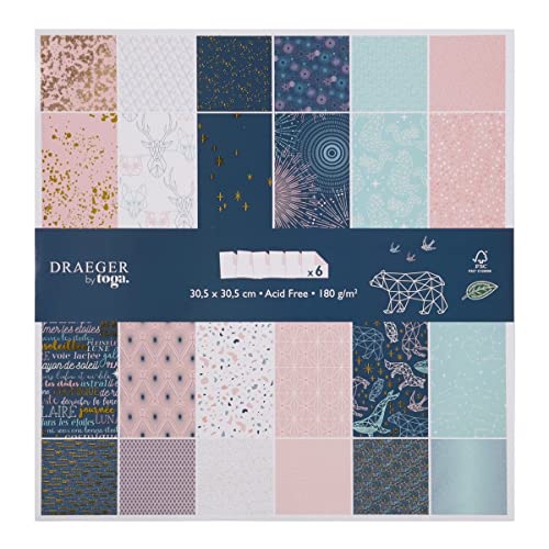 DRAEGER PARIS 1886 Papel Scrapbooking, Azul Noche Y Rosa Pastel, 30,5 x 30,5 cm