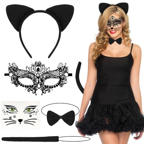 Katzenkostüm damen,Halloween Katzen kostüm Set mit Katzenohren Haarreif Schwanz Fliege Lace venezianische maske Katzenaufkleber,Kostüm katze,Katzenohren Halloween damen Cosplay Karneval Party-14