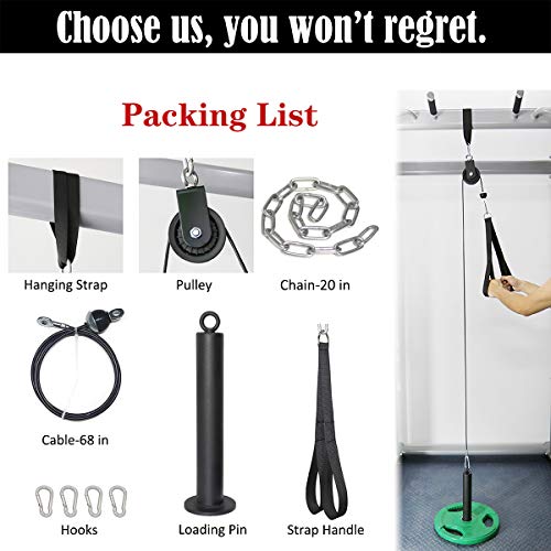 SYL Fitness LAT Pulldown Cable Pulley System with Tricep Rope Adjustable Length with Chain Loading Pin for DIY Home Garage Gym