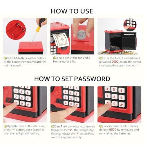 Image of New Electric Digital ATM Money Safe Box Coin Saving Piggy Bank with Password Code Combination Lock for Kids and Adults - Black and Red Coin Bank (Black)