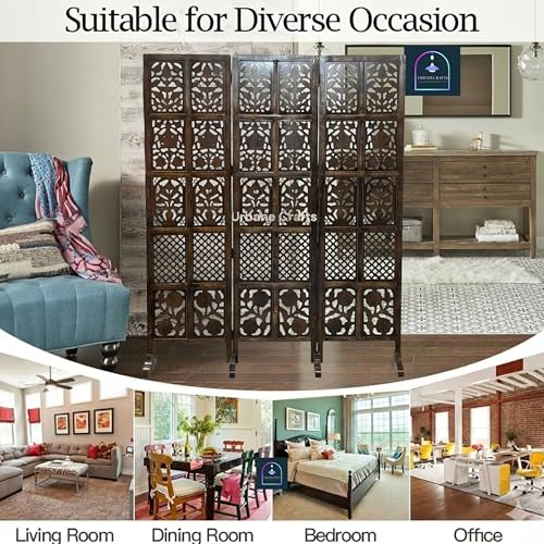 Image of Wooden Room Partition /Screen /Room Divider /Room Separator Burnt Wood Finish (Hand Buffing) Frame Traditional Handicrafts 6Ft Height (3 Panel with Stands)