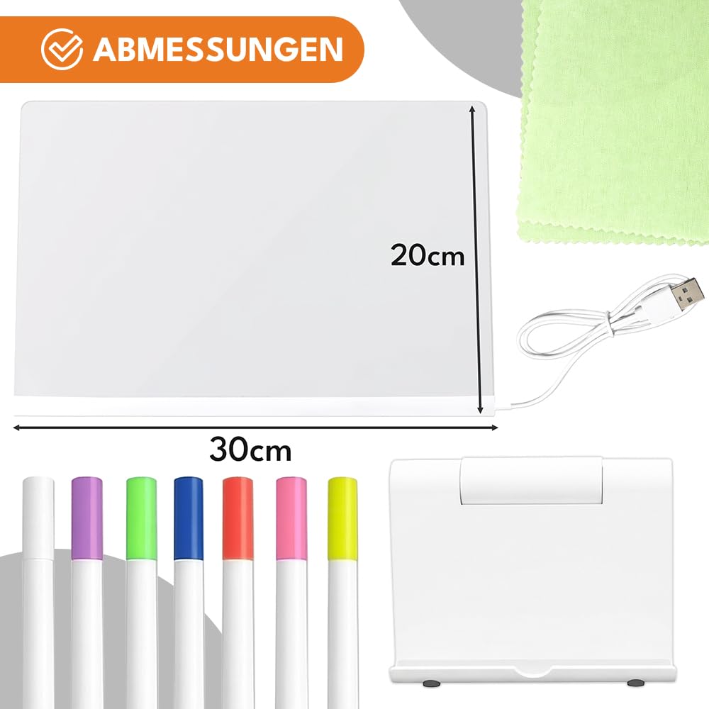 KRUMAD Tablica świetlna LED z 7 markerami w zestawie, przezroczysta świetlna tablica akrylowa z zasilaniem USB, wielokrotnego użytku tablica do rysowania z funkcją wymazywania, 30 x 20 cm skrzynka