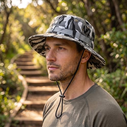 Image of Kraptick Wide Brim Sun Hat for Men - Outdoor Tactical Boonie Hat with Adjustable Chin Strap, Breathable Trekking Cap for Hiking, Fishing, Safari & Jungle Adventures