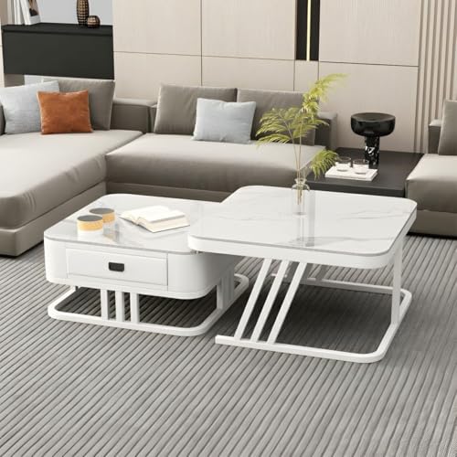 Image of Two Square Stacking Nesting Coffee Tables with Metal Frames, Wooden Tops, and Handcrafted Drawers Make up This Contemporary Centre Couch Table for Living Rooms bedrooms, & Apartments (Wht)