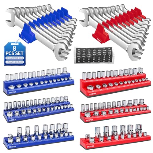 Magnetic Socket Organizer Set 8PCS Socket Holder with 6 Socket Trays & 2 Wrench Racks Metric & SAE Tool Box Organizer 1/4 3/8 1/2 for Garage Toolbox Workbench(Socket Wrench not Included)