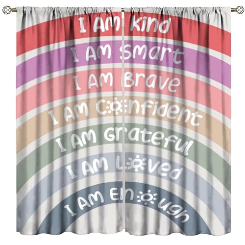 Kids Quotes Inspirational Blackout Curtains, Colorful Boho Rainbow Motivational Window