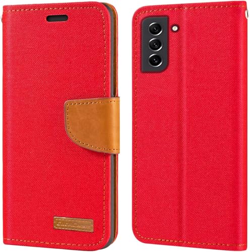 Image of ClickCase Canvas Series, Cloth & Pu Leather Wallet Flip Case Kick Stand Magnetic Closure Flip Cover for Samsung Galaxy M42 5G (Red)