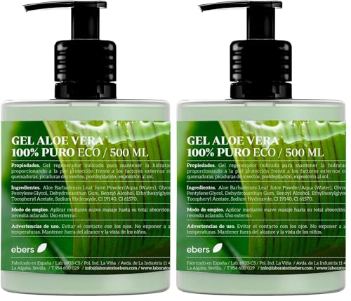 Ebers Aloe Vera Gel 100% Puro 500 Ml con dosificador - Excelente hidratante Rostro y Cuerpo, Aftersun, Depilación y Quemaduras. (Paquete de 2)